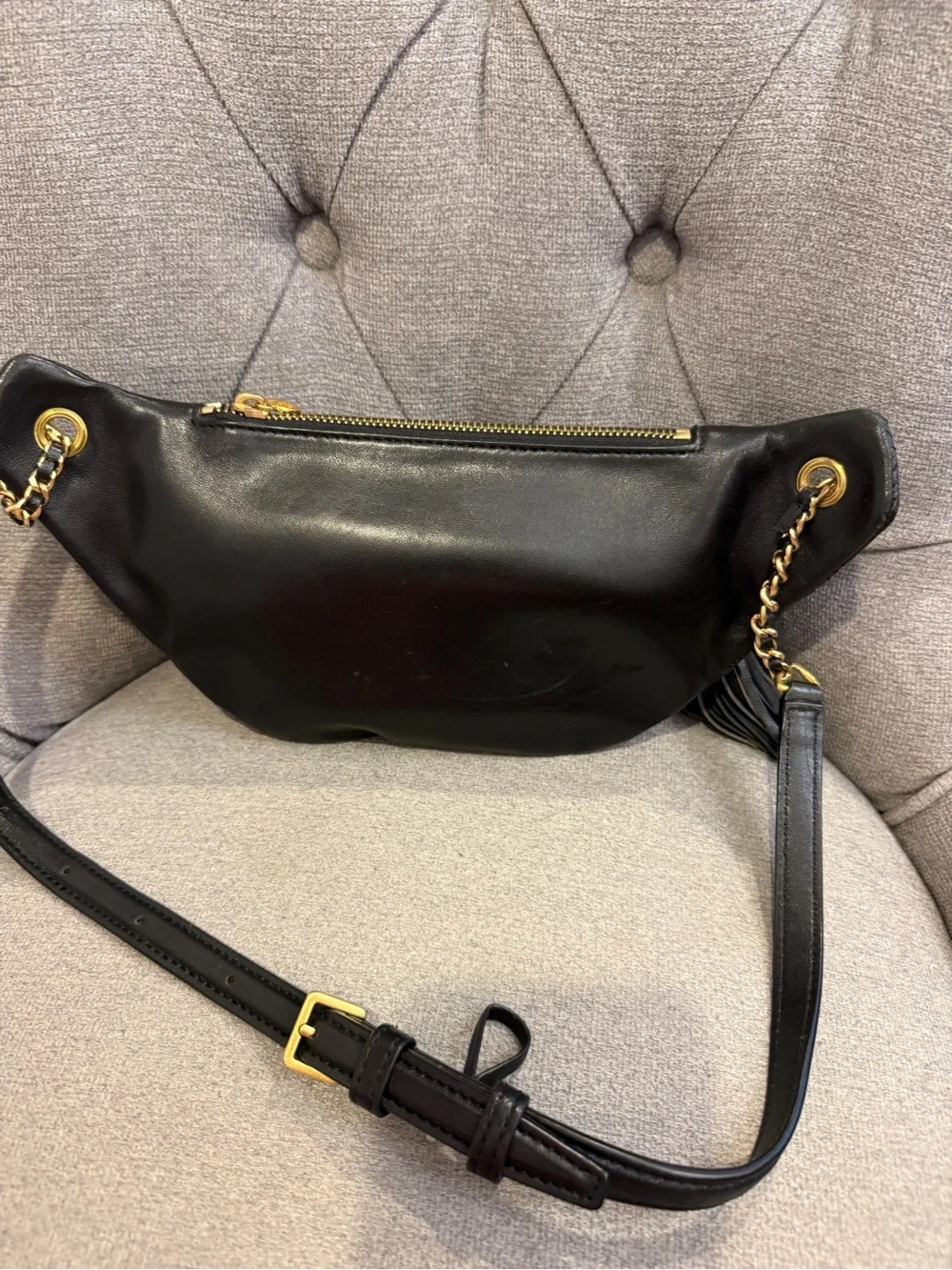 Tory Burch Black Quilted Leather Crossbody Belt Bag with Tassel